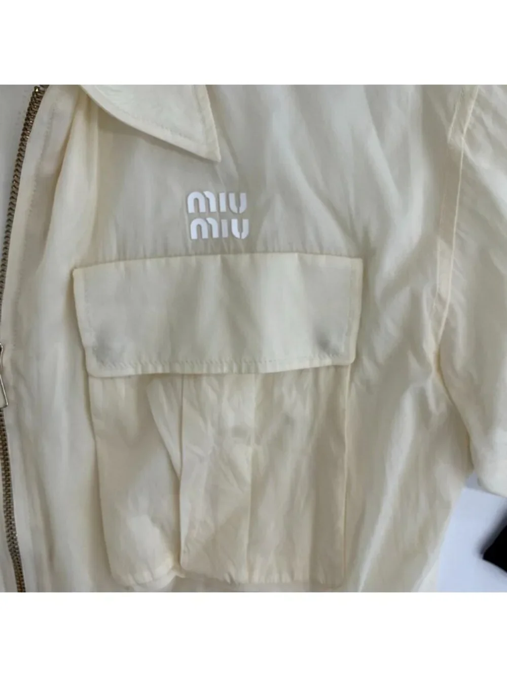 Miu Miu Logo Technical Silk Cropped Jacket Ivory 38